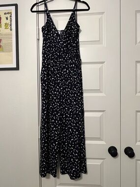 Navy and White Printed Spaghetti-Strap Jumpsuit